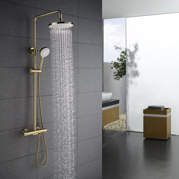 

brushed gold thermostatic shower bathroom set round showerhead ceiling brass wall mounted faucet sets