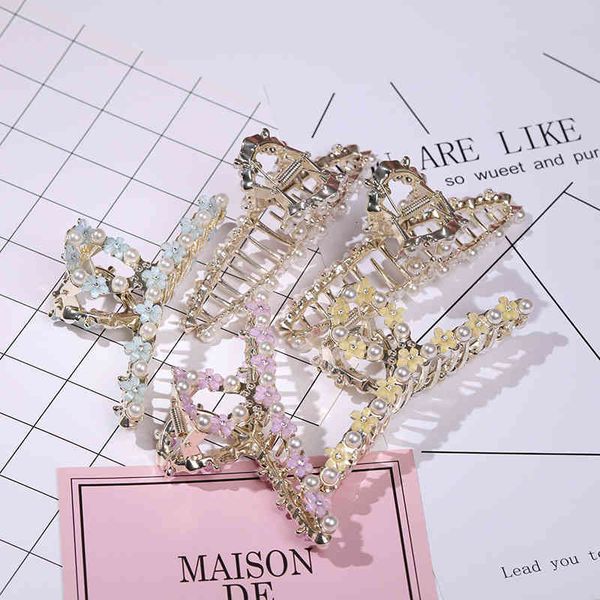 

hair accessories jewelry korean large one line clip cross flower pearl pin net red back shark pin headdress, Golden;white