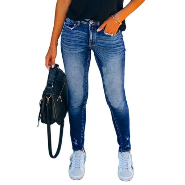 

women's jeans women high waist stretch slim denim trousers office lady solid color pencil pants autumn female blue