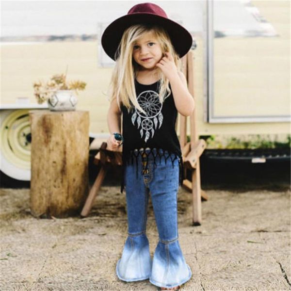 

girls bell-bottomed pants spring summer children trousers outfits baby costume fashion kids vintage denim slim jeans 2-7t, Blue