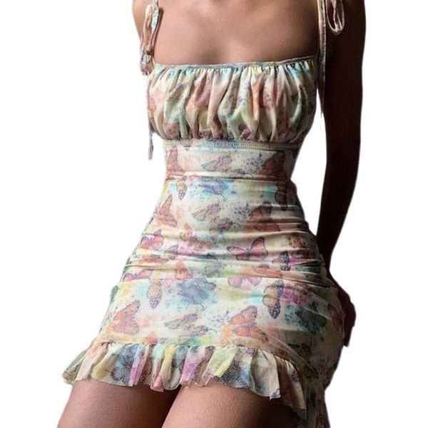 

casual dresses women's dress retro sling butterfly pattern low cut ruffle hem slim drape floral print lace up, Black;gray