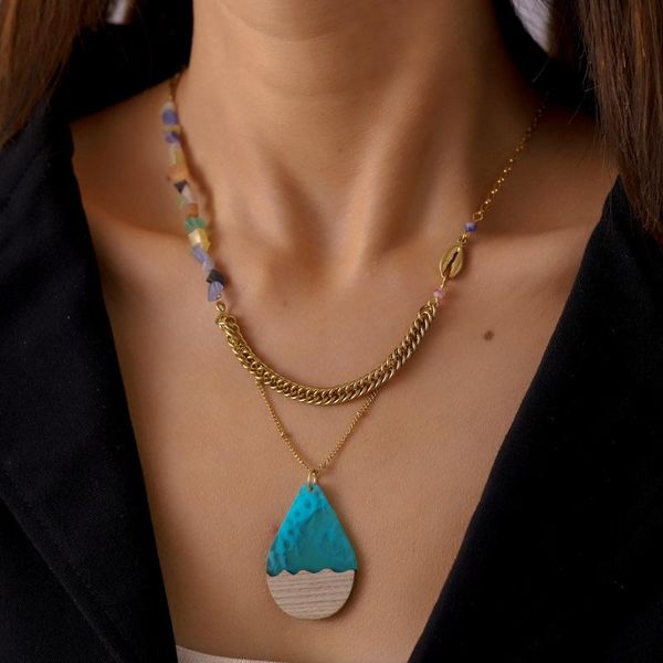 

pendant necklaces origin summer blue color water drop necklace for women asymmetric titanium steel chunky chain cute accessories, Silver