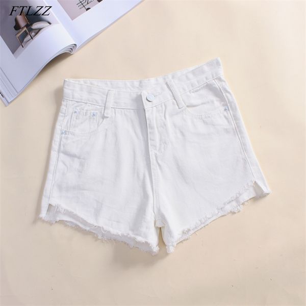 

summer women high waist tassel blue denim shorts casual female solid color wide leg black white jeans 210430