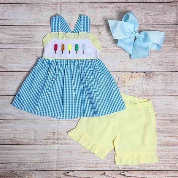 

summer kids clothes blue plaid sleeveless skirt and yellow shorts five popsicles embroidery toddler girl, White