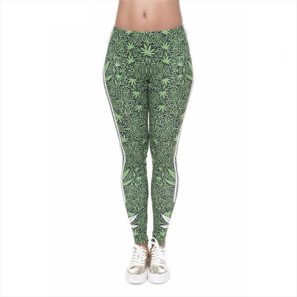 

green leaf printing polyester women leggings push up fashion pants high waist workout jogging for athleisure training, Black