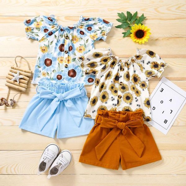 

clothing sets infant summer outfits baby girl flower print puff sleeve ruffle round neck button t-shirt and solid color bowknot shorts, White