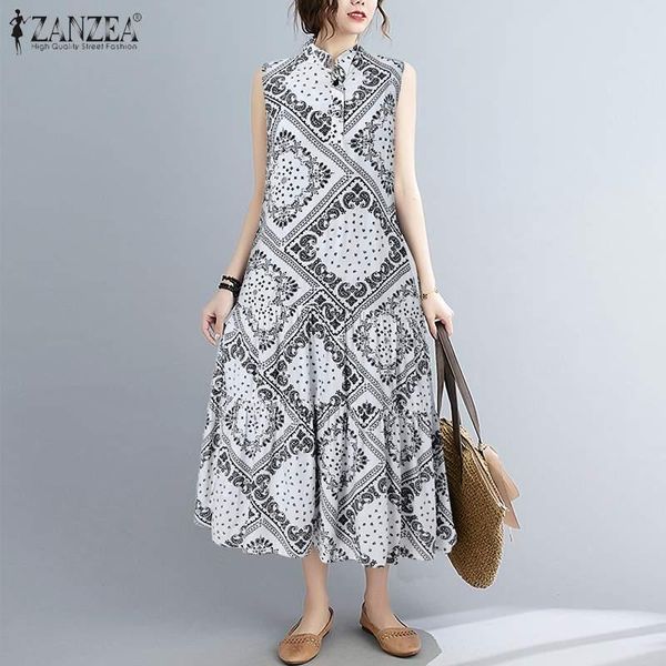 

casual dresses stylish print women zanzea 2021 summer elegant maxi vestidos sleeveless sundress ladies button up oversized robe, Black;gray