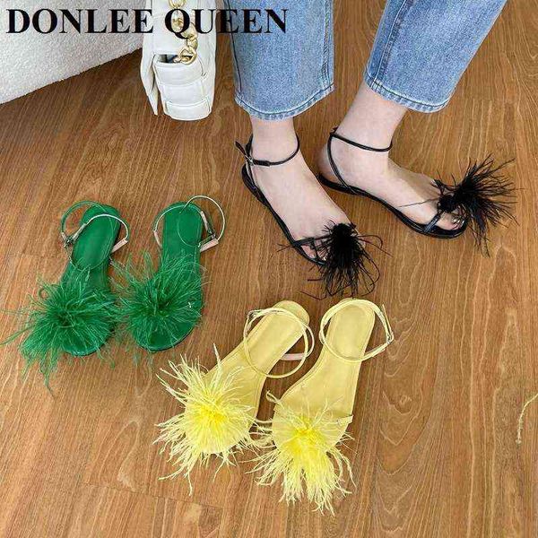 Chinelos de sandálias de penas coloridas mulheres apartamento casual sapatos de verão marca cinta tornozelo flip flops grande tamanho 35 41 zapatillas mujer 220307