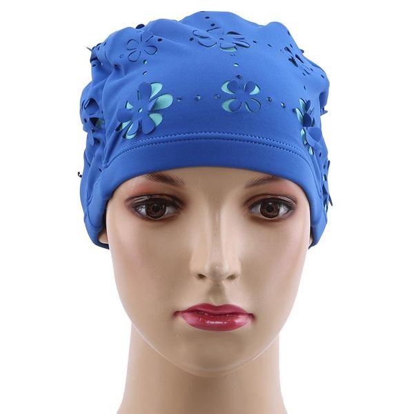 

women elastic fabric long hair swim swimsuit bather pool hat hearing protection swimming caps elasticity skid flowers black