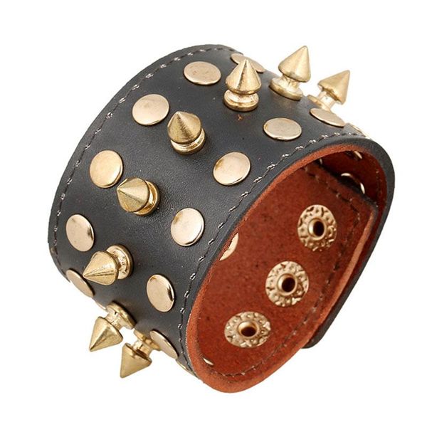

tennis punk rock style flat wide genuine leather bracelets 22.5cm rivets gothic wristbands male wrist decorations jewelry, Golden;silver