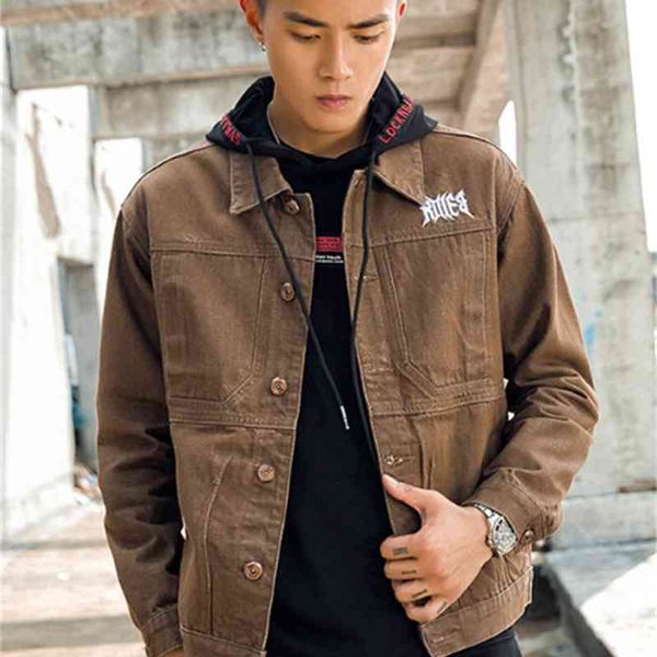 

autumn winter denim jacket coat mens fashion letter print biker brown jacket male high street loose denim coat male clothing, Black;brown