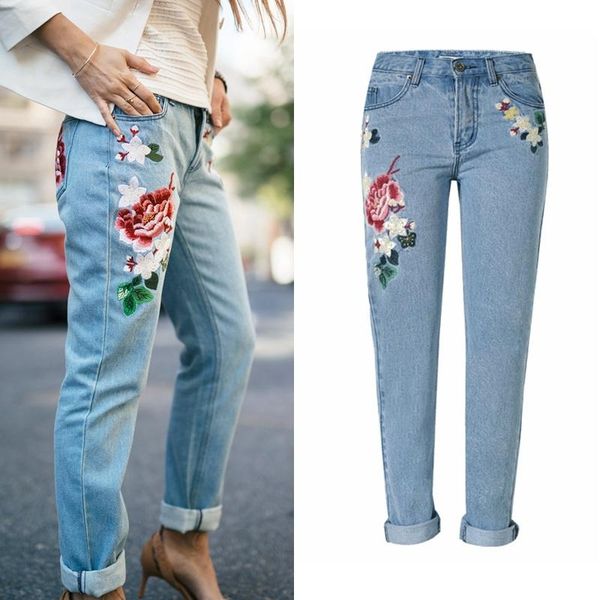 

xs-2xl women jeans slim embroidery flower washed trousers loose casual stretch streetwear cotton denim pants women's, Blue