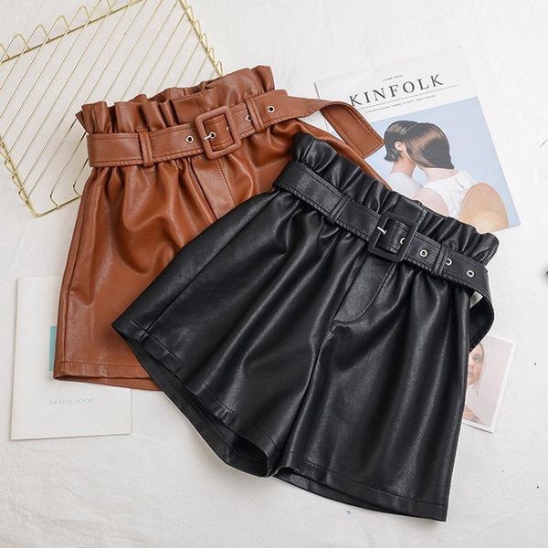 

women's shorts plus size 4xl women 2021 autumn winter streetwear pu leather high waist wide leg short pant with belt, White;black