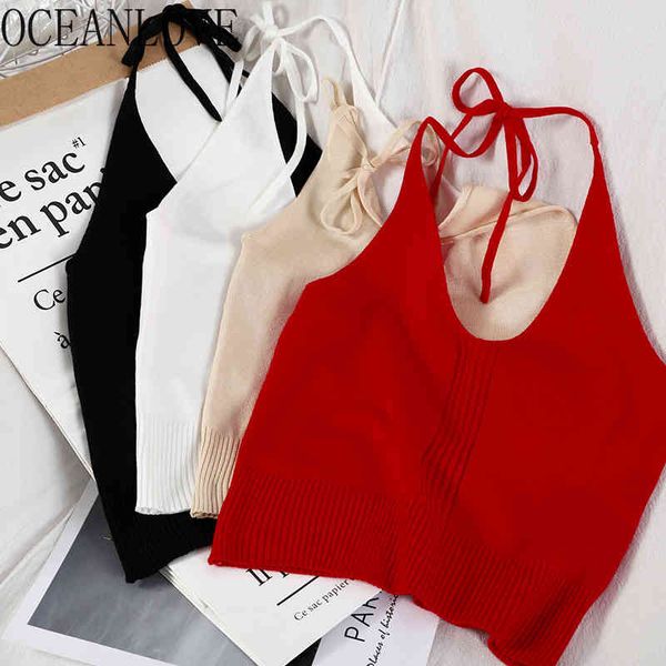 

slim solid women bandage halter bow v neck tank spring summer ins fashion camis sweet backless 210415, White