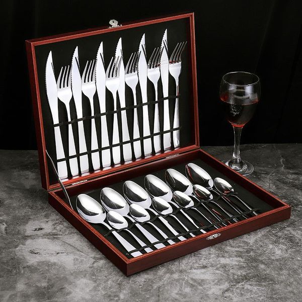 

stainless steel cutlery set western flatware knife fork spoon 24pcs/set with wooden box dinnerware sets