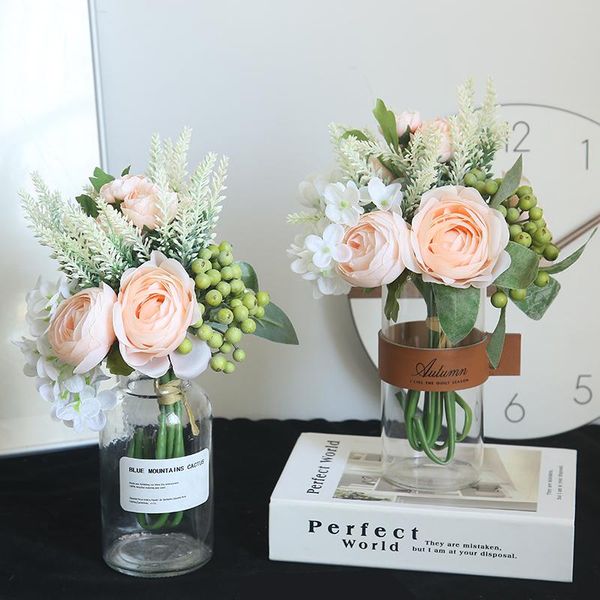 

decorative flowers & wreaths artificial flower wedding party handmade rose berries fake bundle for home decoration bridal hand holding flore