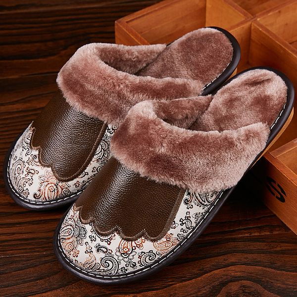 

genuine leather slippers women luxury velvet fur slippers pattern house slippers winter indoor living soft shoes women, Black