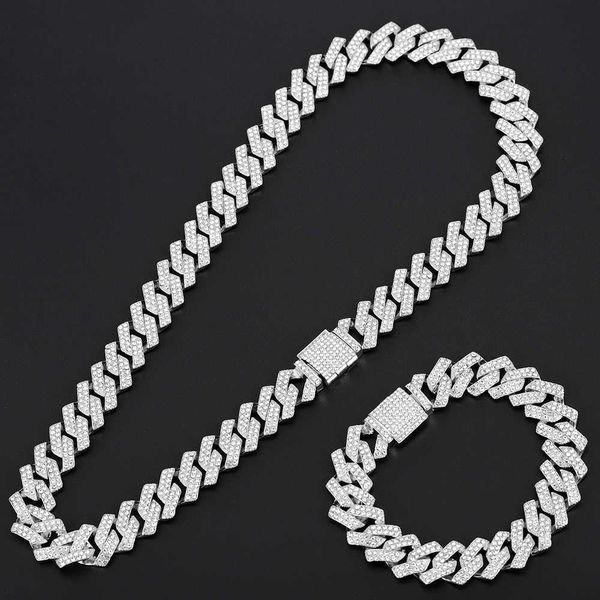 Colar de link de cadeia de prata, 15mm, garfo de miami, cuba, link de corrente, 2-row todos os diamantes de água, pulseira de hip-hop set q0809