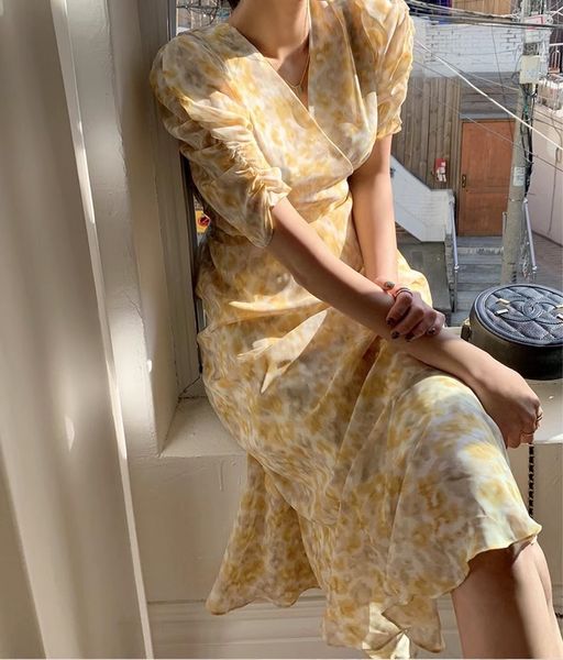 

summer v neck dress women print chiffon puff sleeve dress 210515, Black;gray