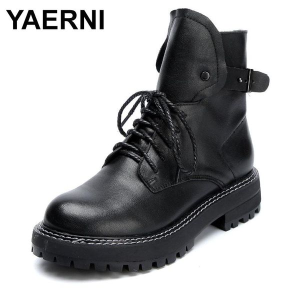 

boots yaerni autumn winter women quality handmade genuine leather casual flats heel ankle for platform shoes, Black