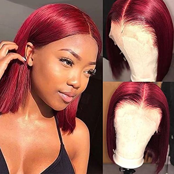 

13x4 straight burgundy bob blunt cut lace front wig 99j human hair wigs brazilian pre plucked 150% density remy diva1, Black;brown