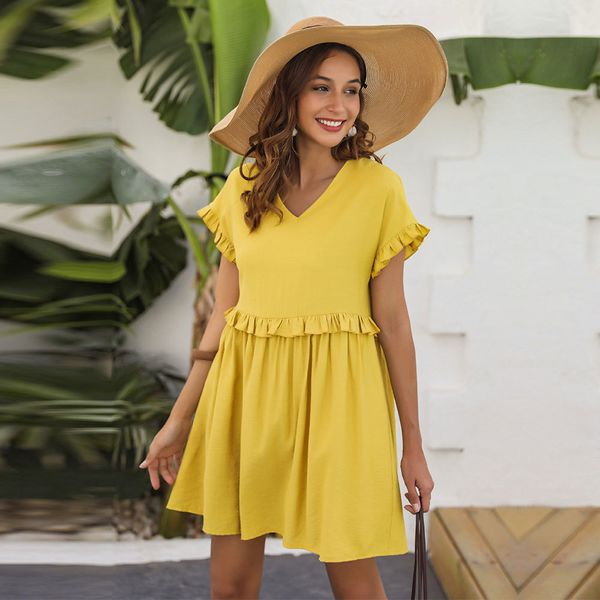 

spring summer short solid dress women new v neck edible tree fungus loose mini dresses for women casual yellow 210413, Black;gray