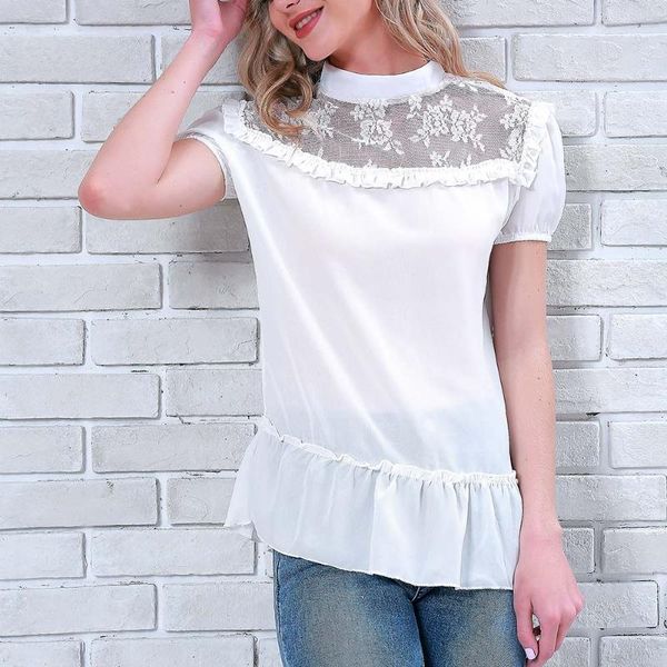 

nice summer women shirt chiffon short sleeves ruffles lace patchwork lady girl casual blouse 88 women's blouses & shirts, White