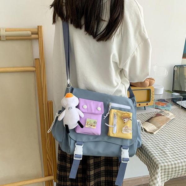 

women shoulder bag kawaii nylon schoolbags for girls multiple pockets messenger bags with pendant crossbody handbags bolso school