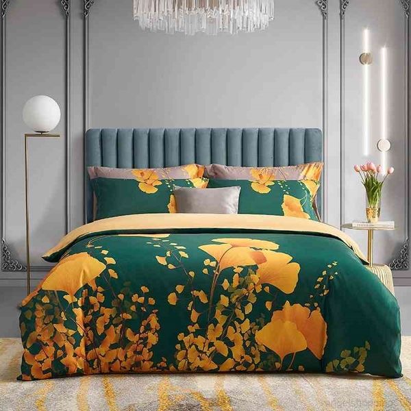 

100%cotton  size yellow ginkgo leaves bedding set bright duvet cover with zipper 1 bed sheet 2 pillowcases easy care soft