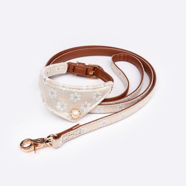 

dog collars & leashes adjustable pu material collar leash set fashion flower pattern scarf style lace cloth for medium small dogs 3 colors