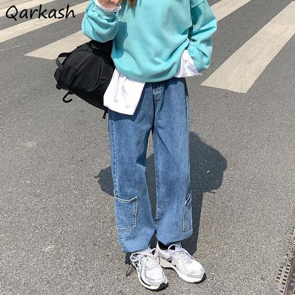 

women's jeans trendy women straight loose bundle leisure daily side pockets korean style k- females trousers vintage teenagers est, Blue