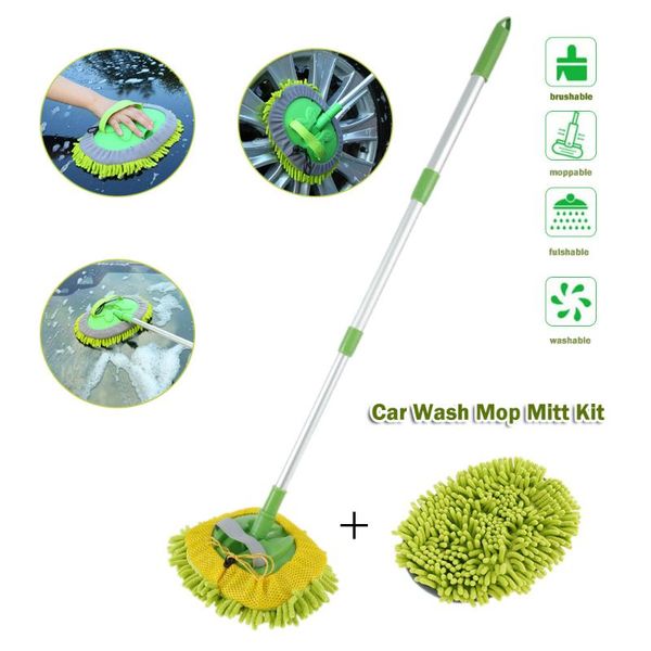 

towel 2 in 1 car wash mop 180 degree rotation scratch-adjustable handle cleaning water absorption detailing washing brush
