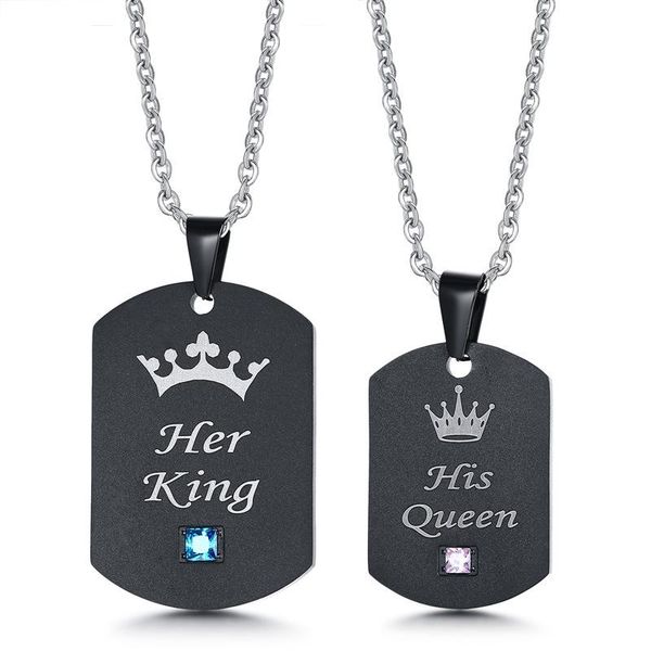 

pendant necklaces lovers' fashion accessory titanium steel couples "her king his queen" black tag with necklace, Silver