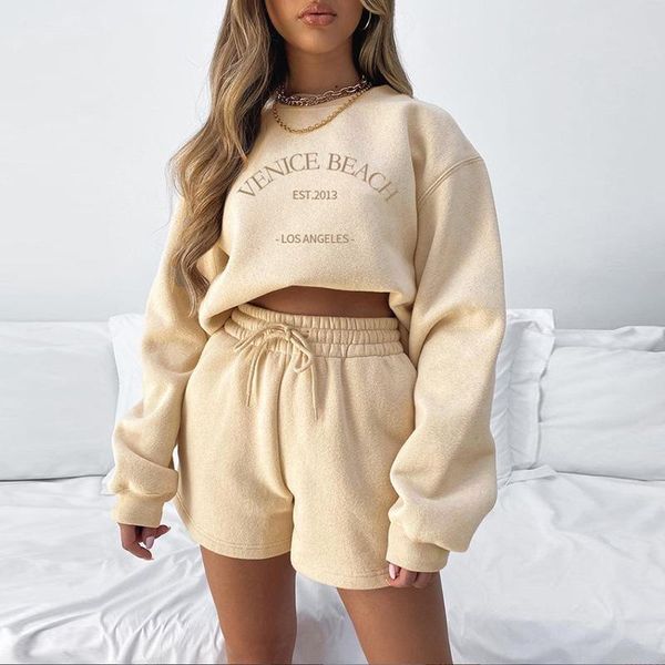 

women's tracksuits autumn women style fleece thick loose embroidered long sleeve sweater covered shorts set, Gray