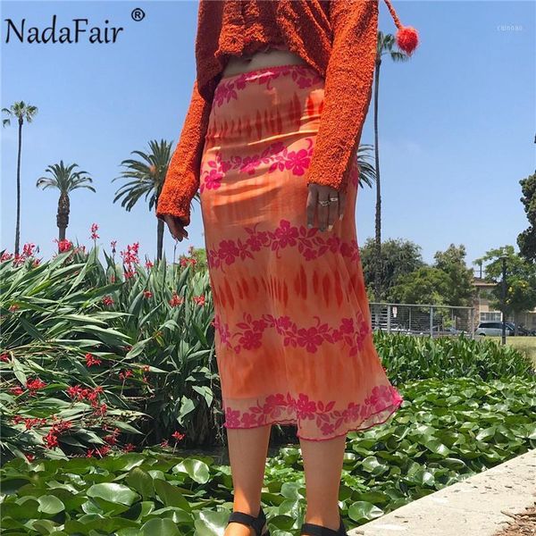

nadafair long skirts 2021 summer y2k orange vintage tie dye 90s aesthetic high waist midi women, Black
