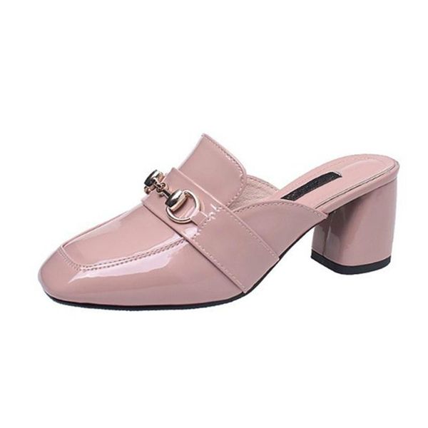 

slippers spring summer women pu leather buckle pointed toe flat shoe woman slip on med heels loafers mules flip flops, Black