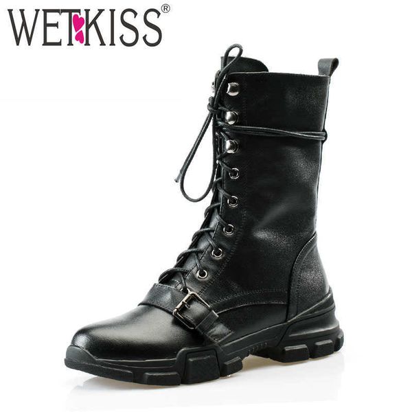 

wetkiss motorcycle ankle boots flat with lace up footwear cow leather female army boots round toe women platform shoes winter 210630, Black