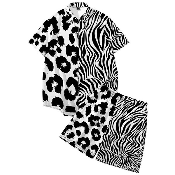 

men's tracksuits leopard splicing printed summer hawaiian mens sets short sleeve shirt and shorts two piece suit oversize 6xl, Gray
