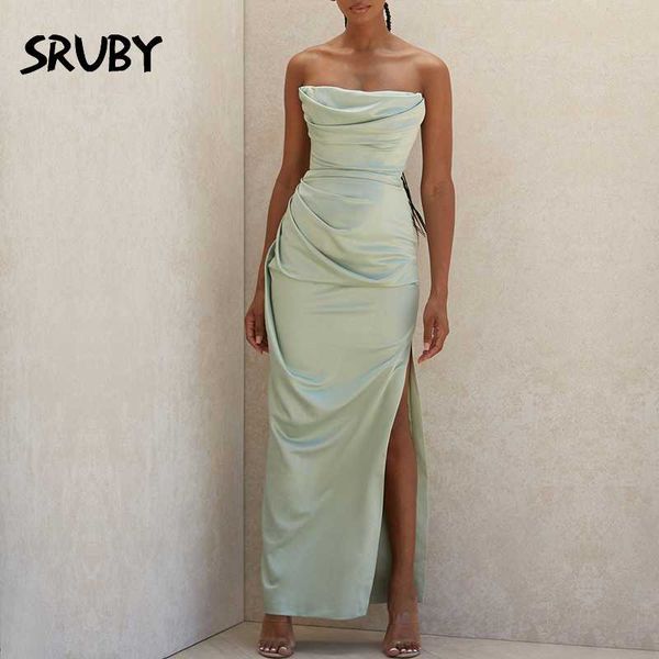 

satin strapless maxi long dress elegant structured evening event party dresses lady date night thigh split woman casual, Black;gray