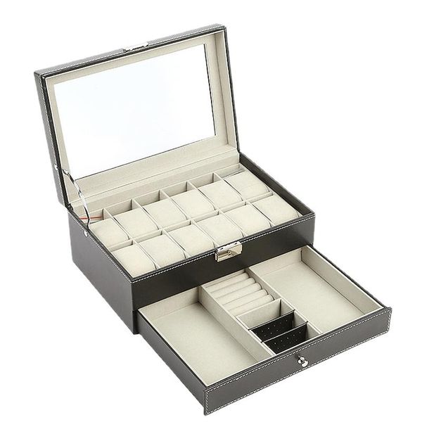 

watch boxes & cases double layer pu box 12 leather black jewelry storage bracelet drawer case display cabinet insert tray gift, Black;blue
