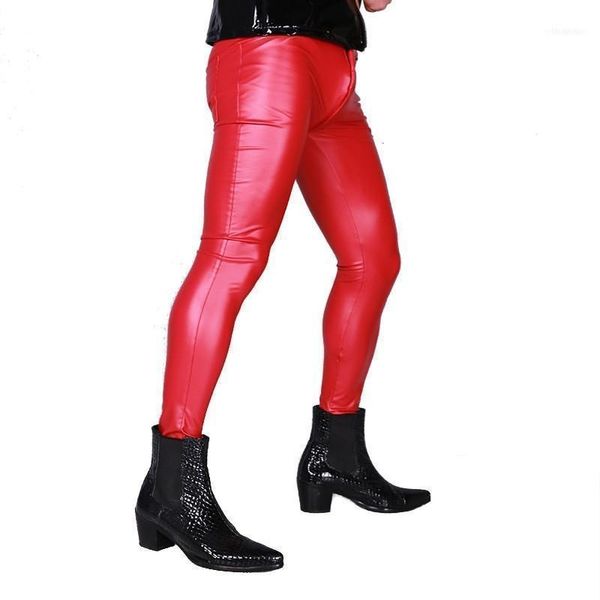 Calças masculinas Moda Brilhante Pu Elastic Skinny Lápis Homens Long Motorcycle Calças Calças Jogos Punk Stage Show Faux Leather Calças1