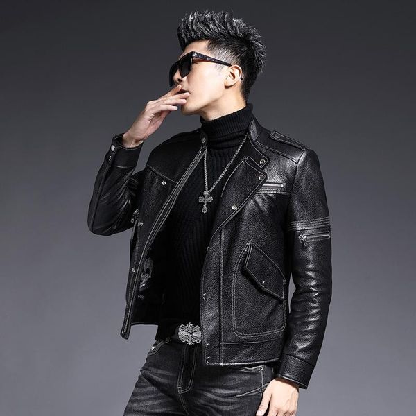 

men's leather & faux lhfff genuine jacket motorcycle short sheep skin slim korean handsome youth, Black