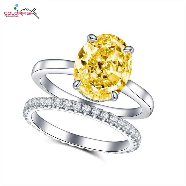 

wedding rings colorfish 2 pcs solid 925 sterling silver ring sets for women 4 carat oval zircon classic jewelry engagement set, Slivery;golden