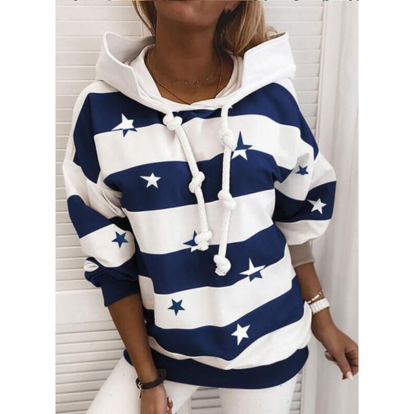 

women's hoodies & sweatshirts long-sleeved autumn striped five-pointed star print ladies thin sweatshirt drawstring hooded trendy hoodi, Black