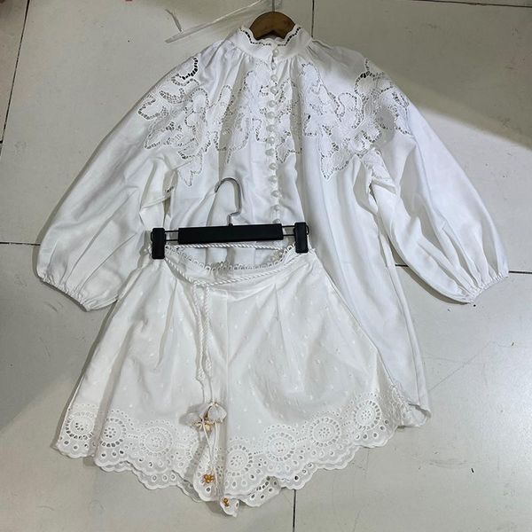 

women's tracksuits 2021 summer korean style loose casual suit two piece sets linen single-breasted shirt hollow lace shorts pants, Gray