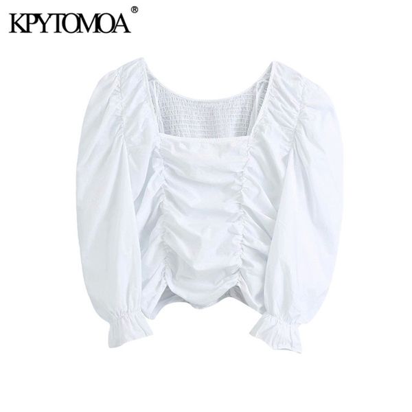 

women fashion elastic smocked ruffled cropped blouses square collar lantern sleeve female shirts chic 210420, White