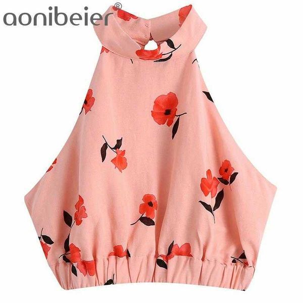 

summer sleeveless backles blouses flowers print elastic straps casual holiday crop female slim halter 210604, White