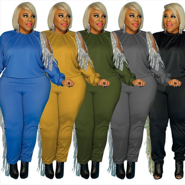 

plus size fall clothing women tracksuits xl 5xl 2 piece set tassel sweatsuits stretch solid jogger outfit tracksuit wholesale dropshipping, Gray