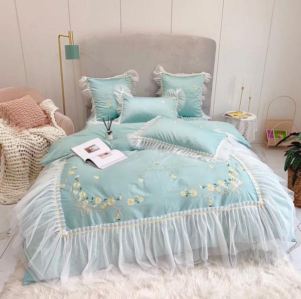 

bedding sets luxury green pink yellow 80s egyptian cotton lace flowers embroidery girl set duvet cover sheet/linen bed pillowcases