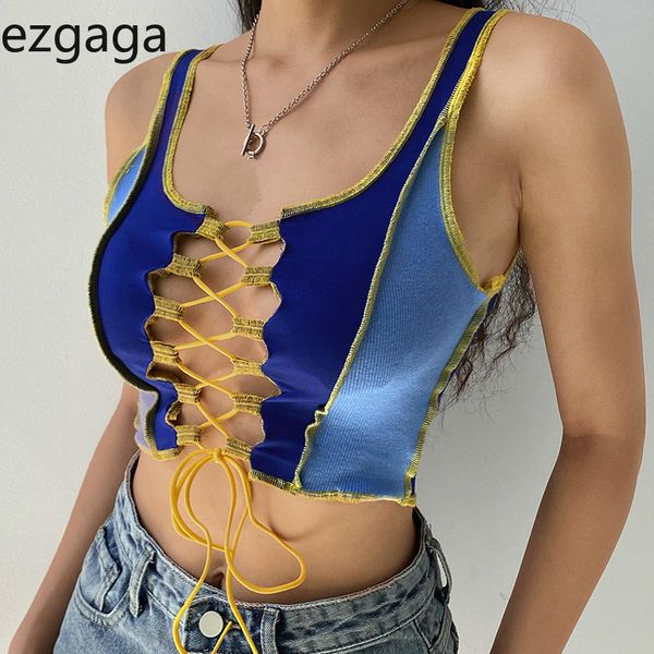 

ezgaga tank women autumn fashion contrast patchwork bandage hollow out chic ladies y2k clubwear wild casual 210430, White